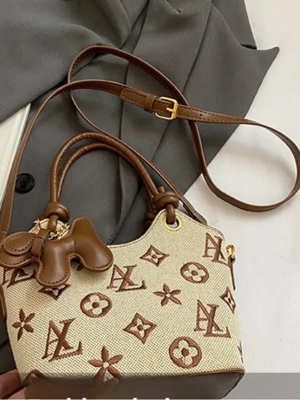 Designer Beige and Black Monogram Canvas Crossbody Bag - Picture 10 of 13